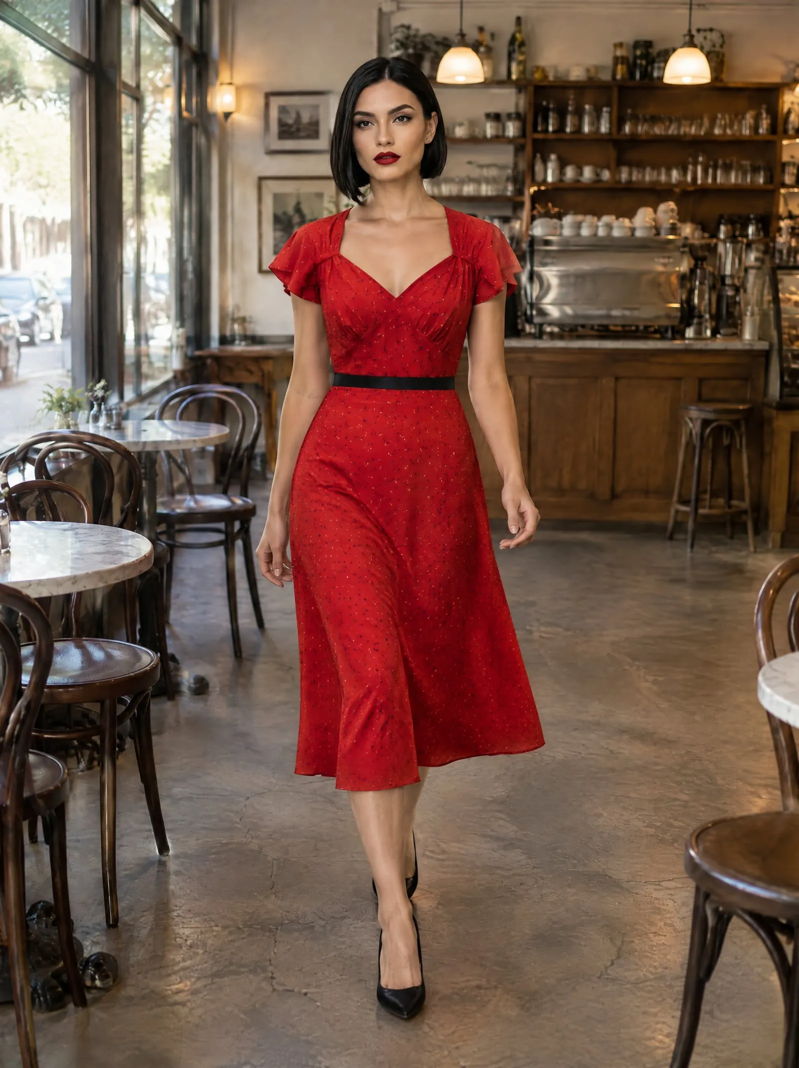 Lena wearing the red polka-dot tea dress, walking, in a café