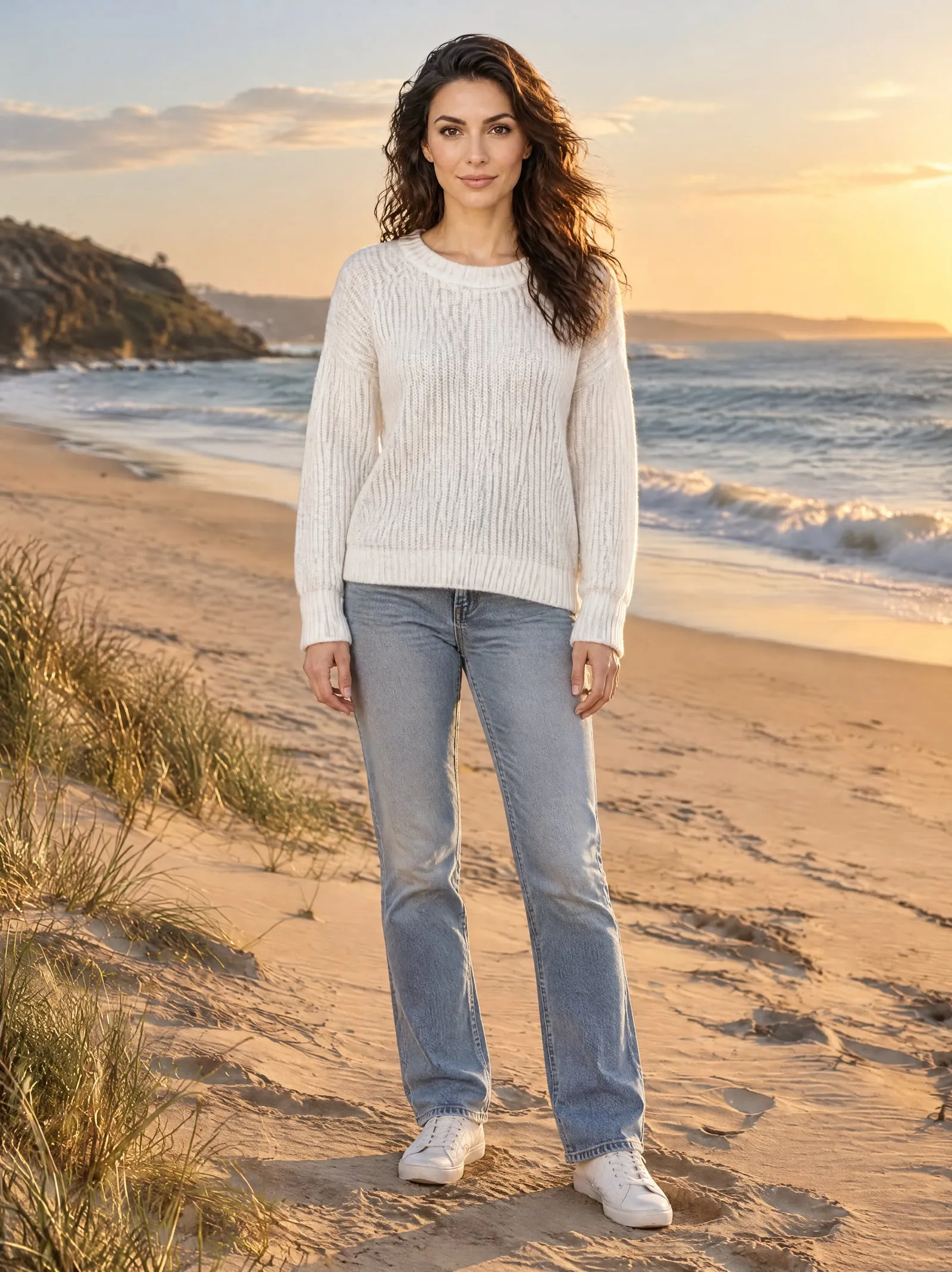 Elle wearing the white knit sweater, facing the camera, on a beach at sunset