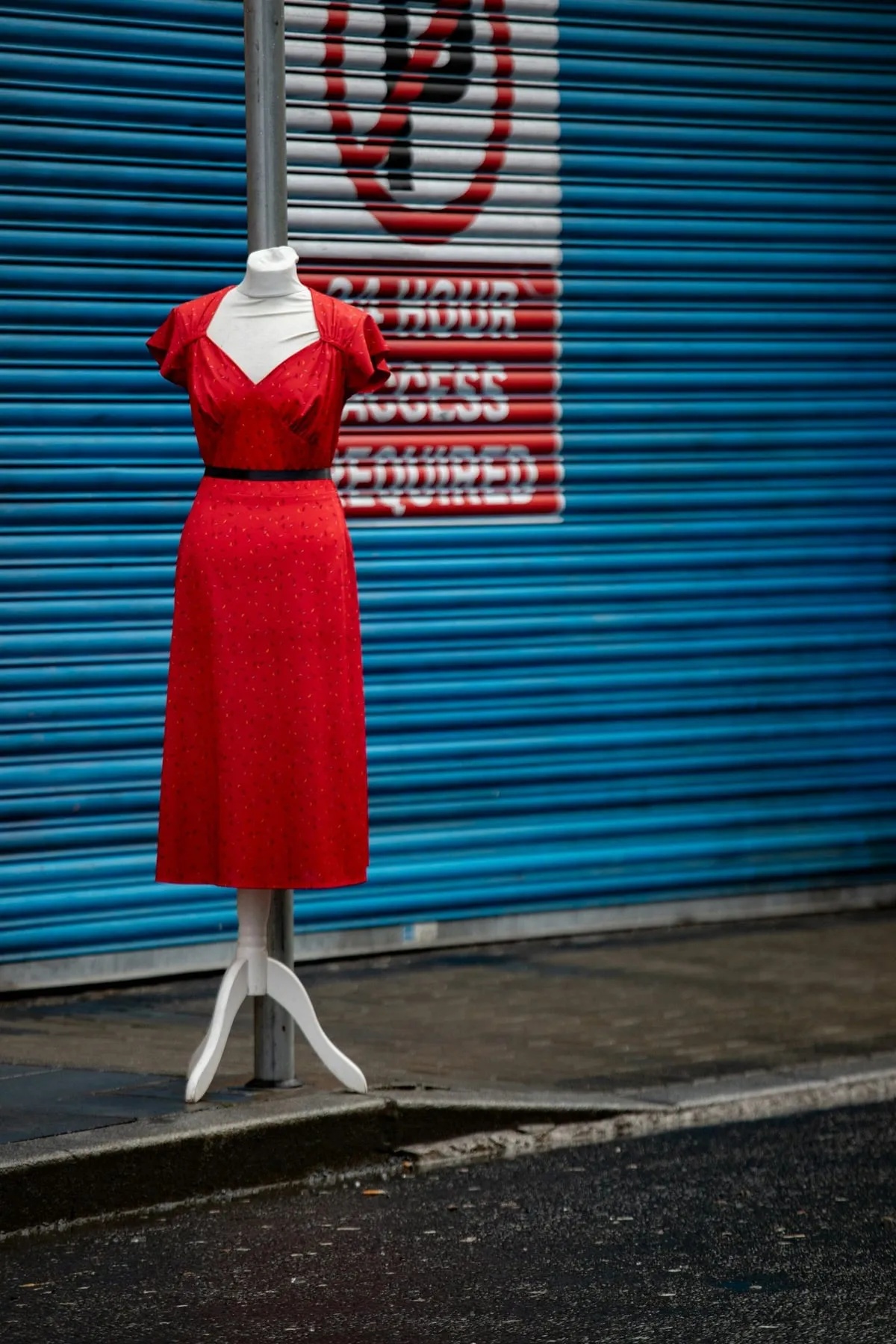 The red polka-dot tea dress on a dress form, the product photo